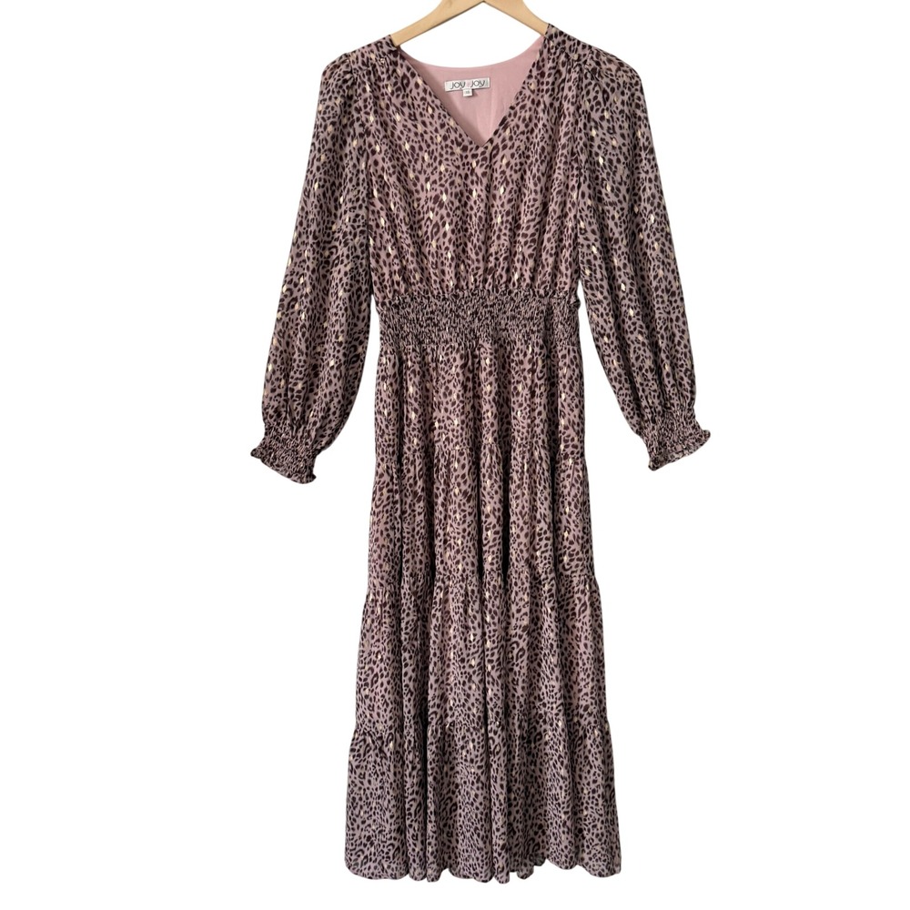 Womens XS Boho Mauve Tiered Leopard Print Metallic Gold Foil Smocked Midi Dress